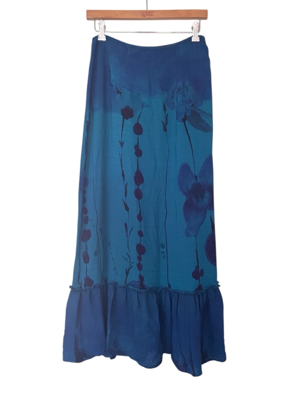 Vintage 90’s Blue Ombré Watercolor Festival Whimsy Boho Ruffle Hem Maxi Skirt 8